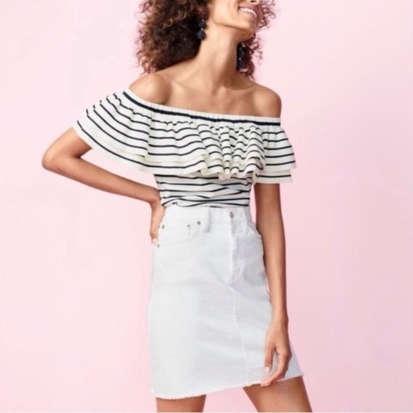 J Crew Off The Shoulder Ruffle Striped Knit Sweater, Sleeveless Black/White, XXS - Picture 1 of 11